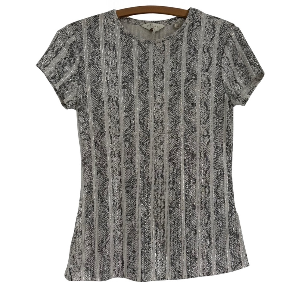 Ted Baker London Keziee Metallic Snake Print Top Short Sleeve Silver Size 1 (XS)